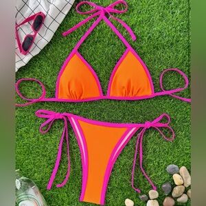 Neon Orange Hot Pink Halter Side Tie Cheeky Bikini Set